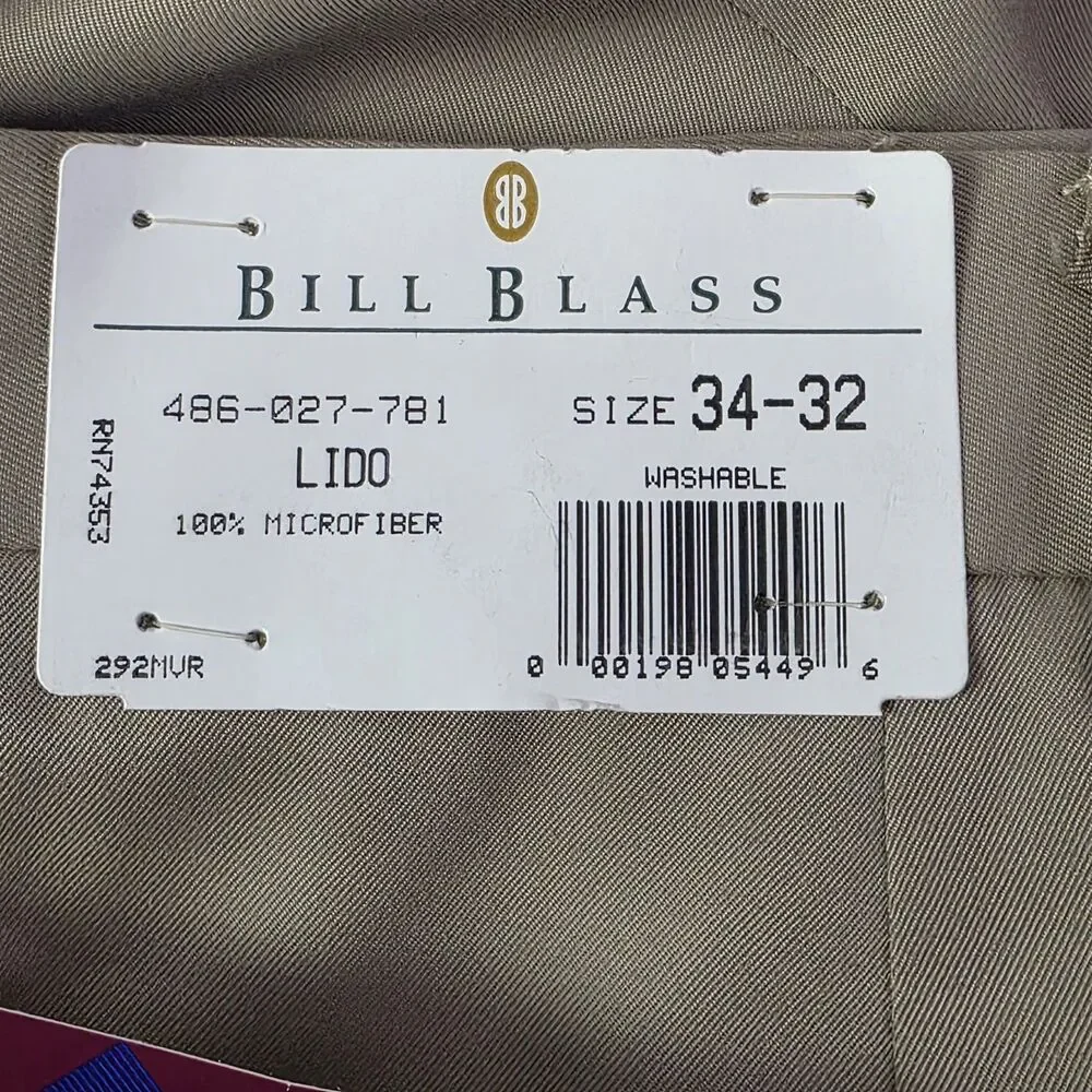 Bill Blass Men's Lido 34x32 Beige Pleated Microfiber Pants